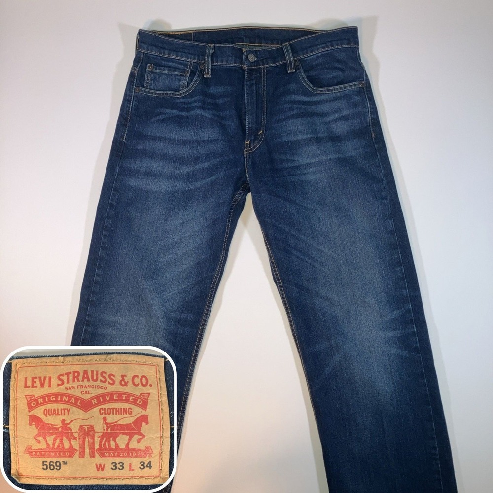 Levis Jeans Mens 33x34 Blue 569 Loose Straight Baggy Dark Wash Denim Pants